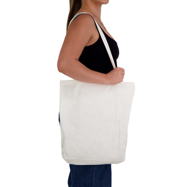 A person holding a long handle bamboo tote bag in natural colour, featuring a simple design and a logo. A person holding a long handle bamboo tote bag in natural colour, featuring a simple design and a logo.