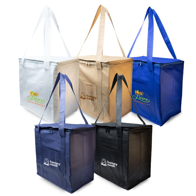 A collection of cooler bags in white, gold, blue, navy, and black, each featuring a logo. A collection of cooler bags in white, gold, blue, navy, and black, each featuring a logo.
