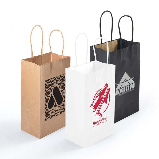 Three small paper bags in brown, white, and black, featuring various logo designs and handles. Three small paper bags in brown, white, and black, featuring various logo designs and handles.