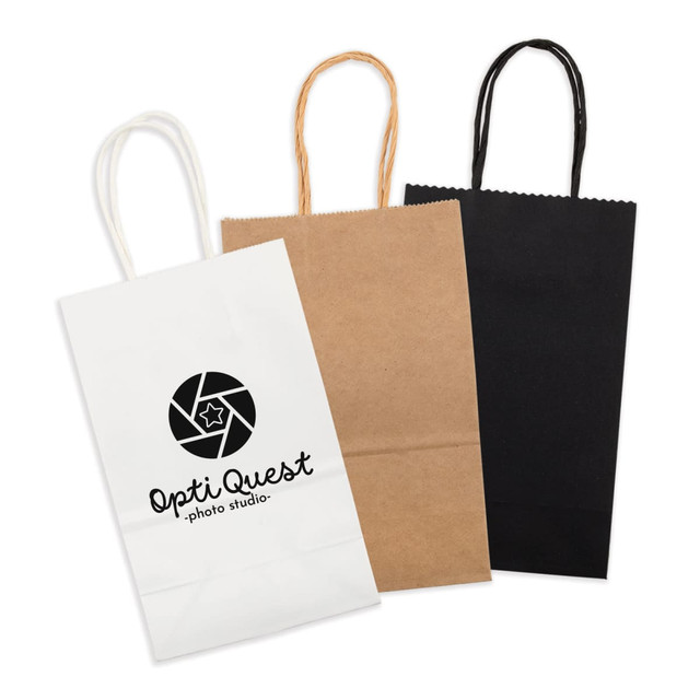 A set of three small paper bags in white, brown, and black, featuring handles and a logo on one bag.