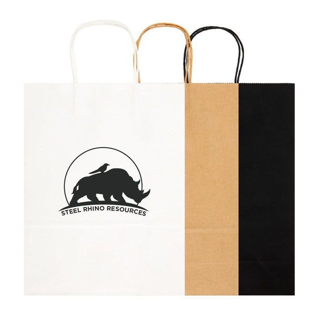 Large paper bags in white, brown, and black, featuring a logo on the front and matching handles. Large paper bags in white, brown, and black, featuring a logo on the front and matching handles.