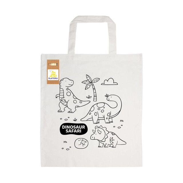 A colouring short handle cotton bag in natural colour featuring dinosaur illustrations and a logo. Pencils included. A colouring short handle cotton bag in natural colour featuring dinosaur illustrations and a logo. Pencils included.