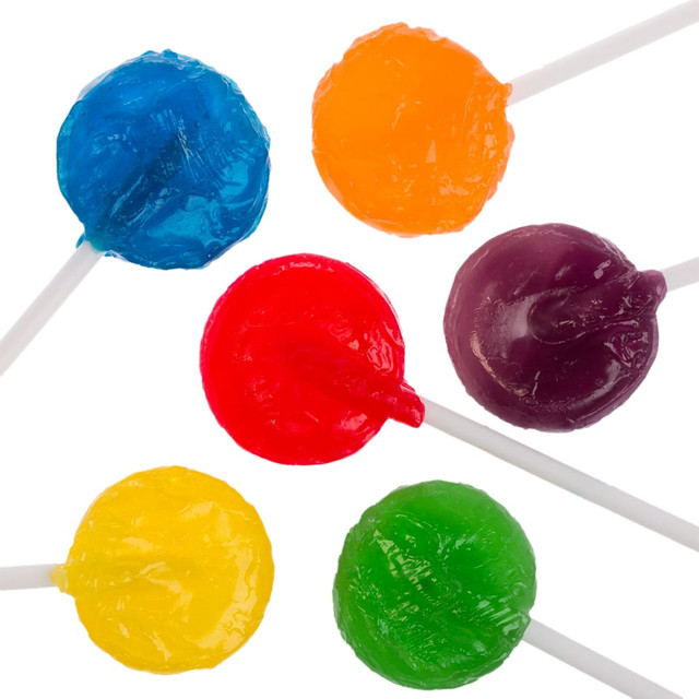 Assorted colour lollipops in blue, orange, red, purple, yellow, and green, featuring white sticks and a glossy finish. Assorted colour lollipops in blue, orange, red, purple, yellow, and green, featuring white sticks and a glossy finish.