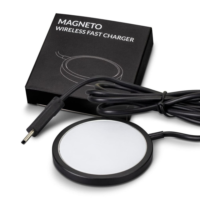 A wireless fast charger in black, with a charging cable and packaging featuring a logo. A wireless fast charger in black, with a charging cable and packaging featuring a logo.