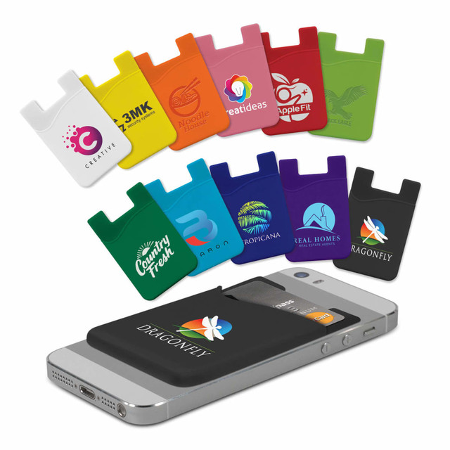 A collection of colourful silicone phone wallets in various shades, displayed on a smartphone. Each wallet features a logo. A collection of colourful silicone phone wallets in various shades, displayed on a smartphone. Each wallet features a logo.