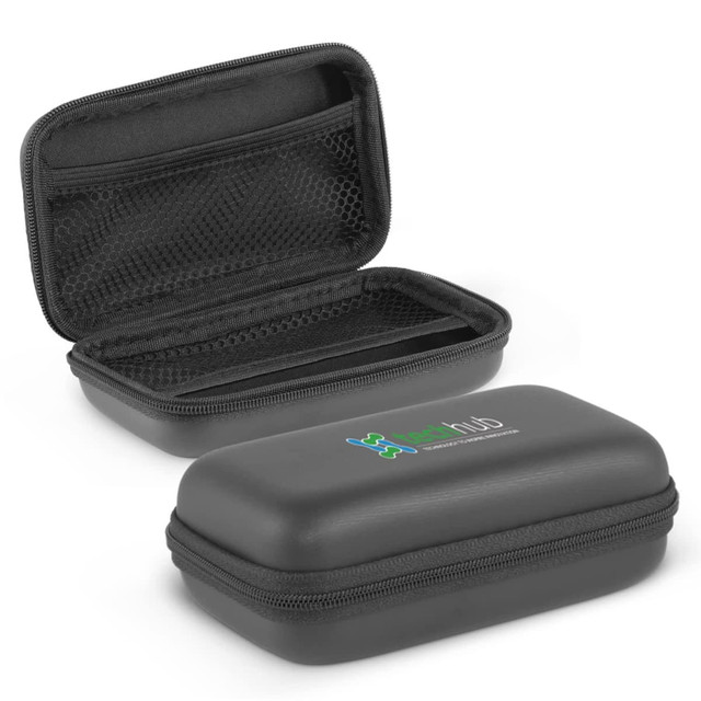 A large black carry case with a mesh pocket inside, featuring a logo on the exterior. A large black carry case with a mesh pocket inside, featuring a logo on the exterior.