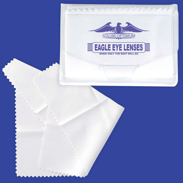 A white microfibre lens cloth with a clear case, featuring a logo and a textured edge for cleaning. A white microfibre lens cloth with a clear case, featuring a logo and a textured edge for cleaning.