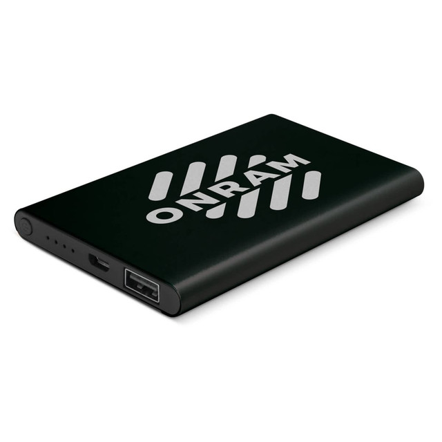 A black power bank with a logo and various ports for charging devices. A black power bank with a logo and various ports for charging devices.