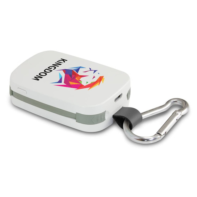 A white power bank with a colourful logo and a carabiner attached for easy carrying.