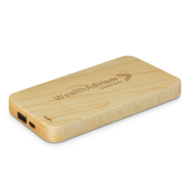 A wooden power bank in a light colour with a logo on one side and USB ports on the other. A wooden power bank in a light colour with a logo on one side and USB ports on the other.