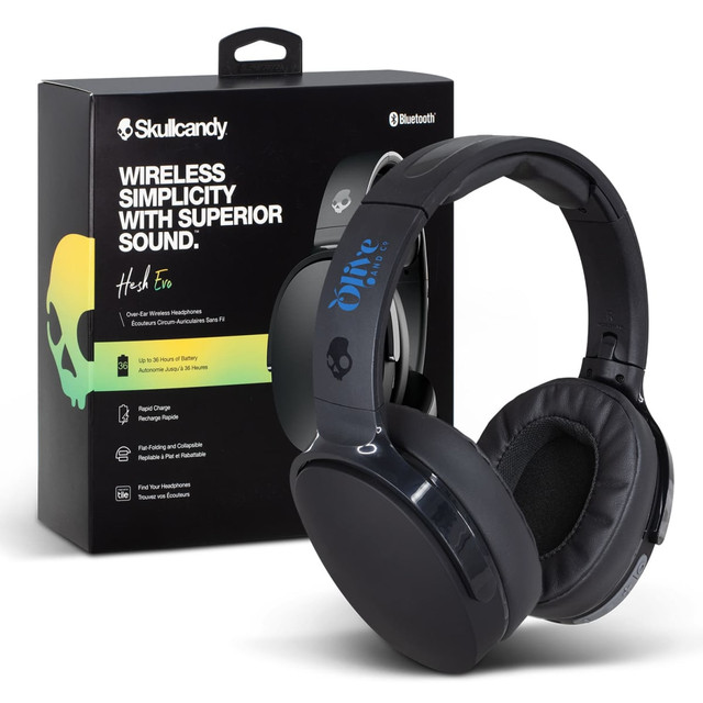 A pair of black wireless headphones with a sleek design, displayed in front of their packaging. A pair of black wireless headphones with a sleek design, displayed in front of their packaging.