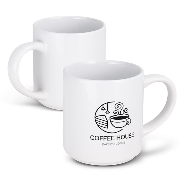 A stackable white coffee mug featuring a logo with coffee and pastry illustrations. A stackable white coffee mug featuring a logo with coffee and pastry illustrations.