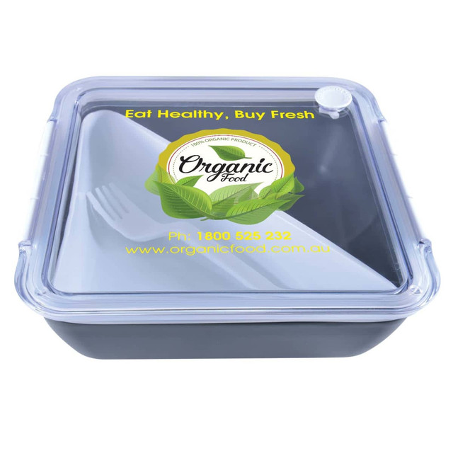 A square, black food container with a clear lid and a fork inside, featuring a logo. A square, black food container with a clear lid and a fork inside, featuring a logo.
