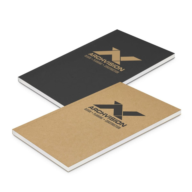 Two medium-sized notebooks stacked, one with a black cover and the other with a brown cover, both featuring a logo. Two medium-sized notebooks stacked, one with a black cover and the other with a brown cover, both featuring a logo.