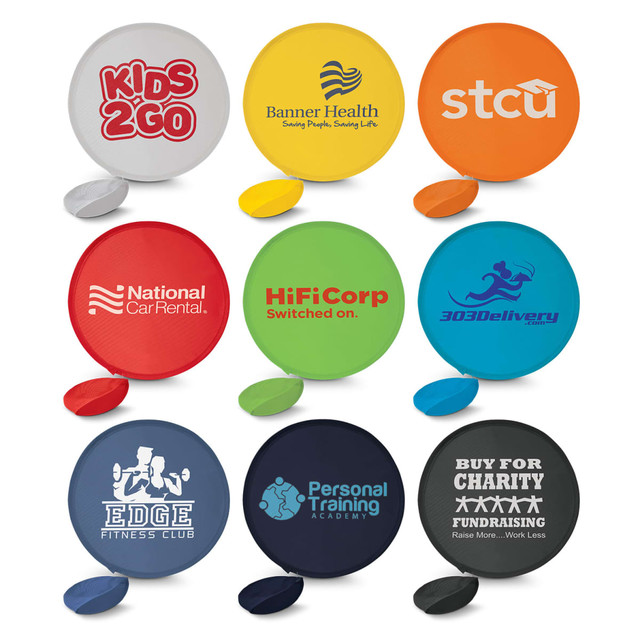 A set of colourful flying discs in various designs, featuring logos and names. The discs are round and made from plastic. A set of colourful flying discs in various designs, featuring logos and names. The discs are round and made from plastic.