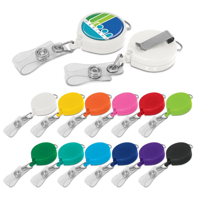 A set of retractable ID holders in various colours, featuring a clip and a logo on the top of each holder. A set of retractable ID holders in various colours, featuring a clip and a logo on the top of each holder.