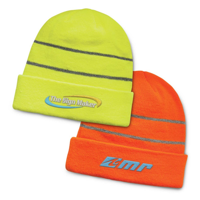 A pair of beanies in high-visibility yellow and orange, each featuring a logo. Both have reflective stripes. A pair of beanies in high-visibility yellow and orange, each featuring a logo. Both have reflective stripes.