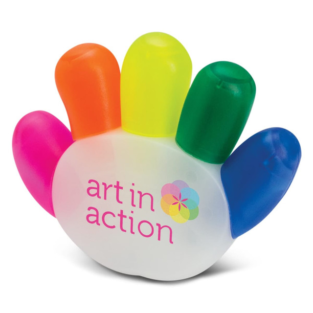 A multi-coloured highlighter shaped like a hand, featuring five vibrant tips in pink, yellow, green, blue, and orange. A multi-coloured highlighter shaped like a hand, featuring five vibrant tips in pink, yellow, green, blue, and orange.