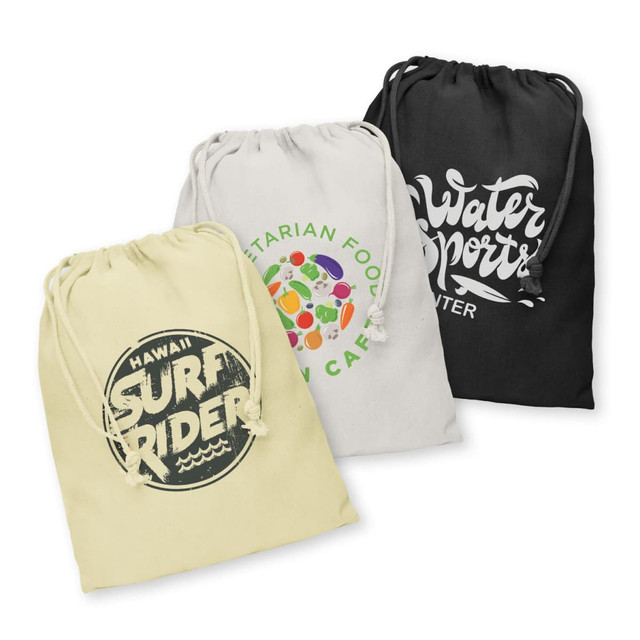 Three medium cotton gift bags in cream, white, and black, each with unique designs and logos. Three medium cotton gift bags in cream, white, and black, each with unique designs and logos.