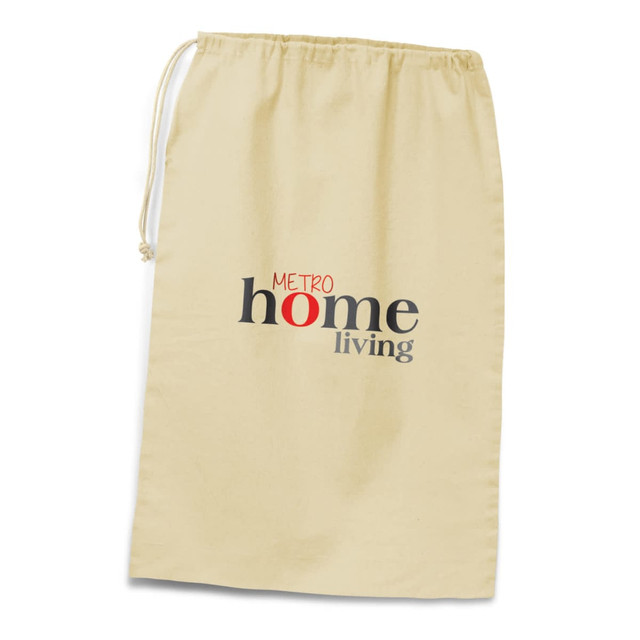 A beige drawstring laundry bag with a logo featuring the words "Metro home living." A beige drawstring laundry bag with a logo featuring the words "Metro home living."