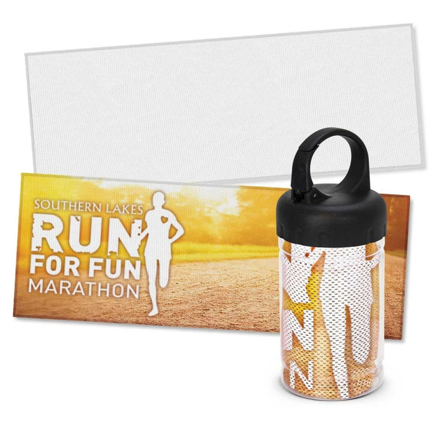 A cooling towel in a tube, featuring a black cap with a full-colour design in orange and white. A cooling towel in a tube, featuring a black cap with a full-colour design in orange and white.