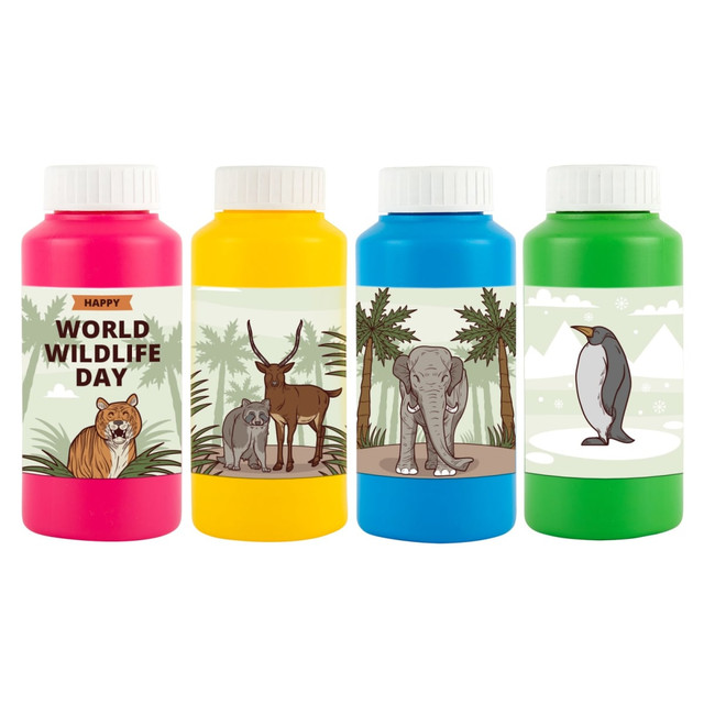 A drink bottle set featuring four vibrant colours: pink, yellow, blue, and green, each adorned with animal illustrations and a logo. A drink bottle set featuring four vibrant colours: pink, yellow, blue, and green, each adorned with animal illustrations and a logo.
