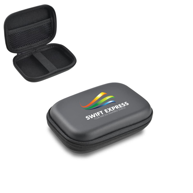A small black EVA zipper case with a logo, featuring a mesh pocket and elastic strap inside. A small black EVA zipper case with a logo, featuring a mesh pocket and elastic strap inside.