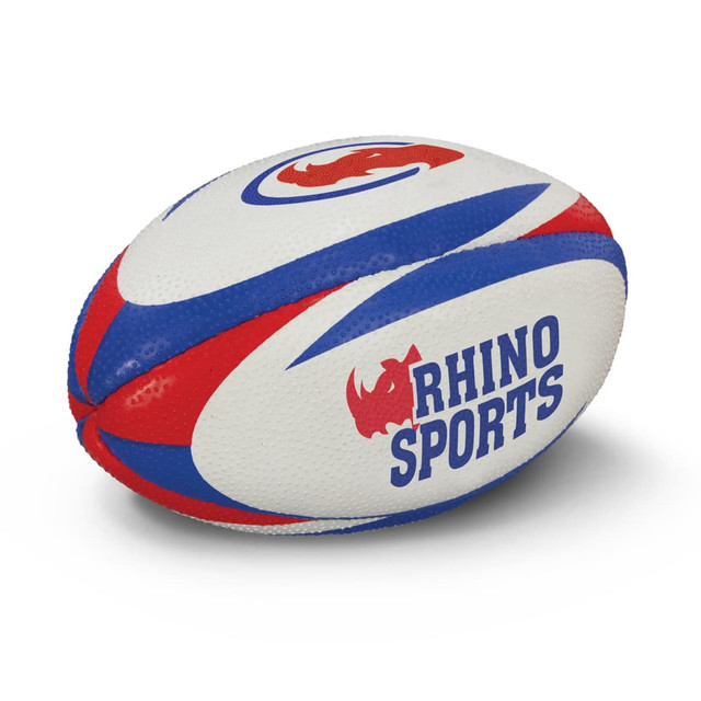 A rugby ball mini in white, red, and blue, featuring a logo and textured surface. A rugby ball mini in white, red, and blue, featuring a logo and textured surface.