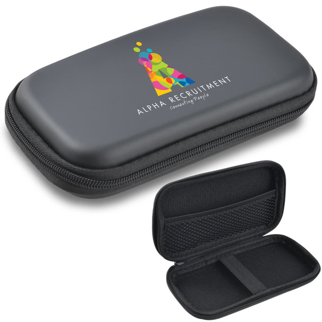 A medium black EVA zipper case with a logo, featuring a zippered closure and interior compartments. A medium black EVA zipper case with a logo, featuring a zippered closure and interior compartments.