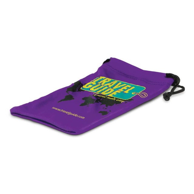 A purple microfibre pouch with a drawstring closure and a logo displayed on the front. A purple microfibre pouch with a drawstring closure and a logo displayed on the front.