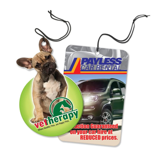 A round green car air freshener featuring a French Bulldog and a rectangular tag with a car rental logo. A round green car air freshener featuring a French Bulldog and a rectangular tag with a car rental logo.