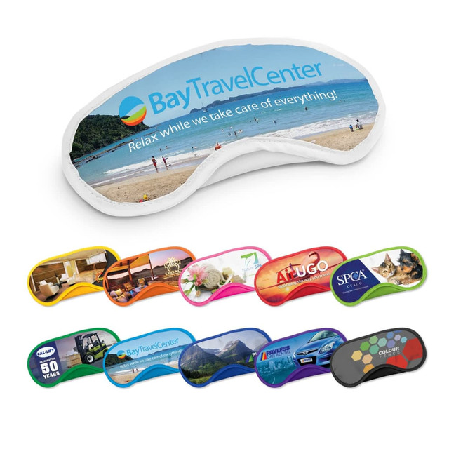 A collection of eye masks in various colours, featuring a logo and beach scene on one mask. A collection of eye masks in various colours, featuring a logo and beach scene on one mask.