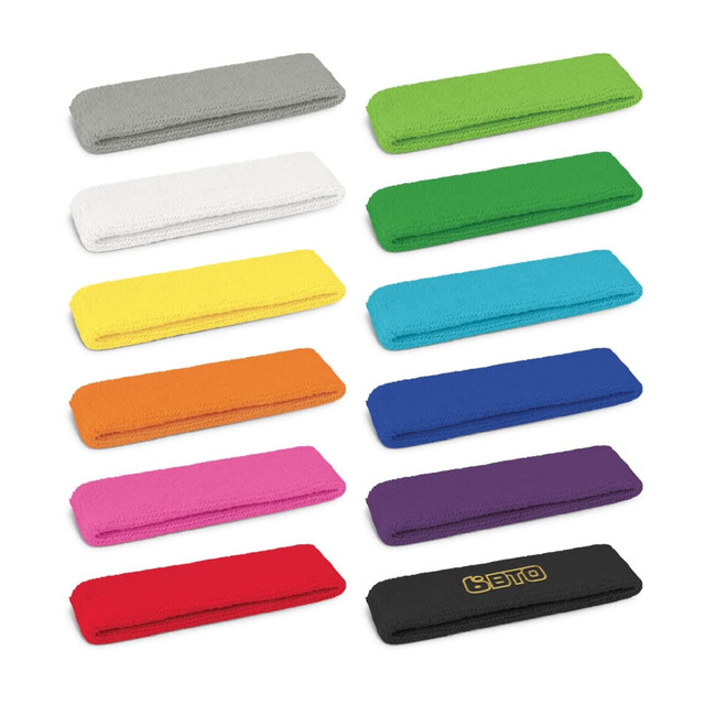 A collection of head sweat bands in various colours, including white, green, yellow, orange, pink, blue, purple, and red. A collection of head sweat bands in various colours, including white, green, yellow, orange, pink, blue, purple, and red.