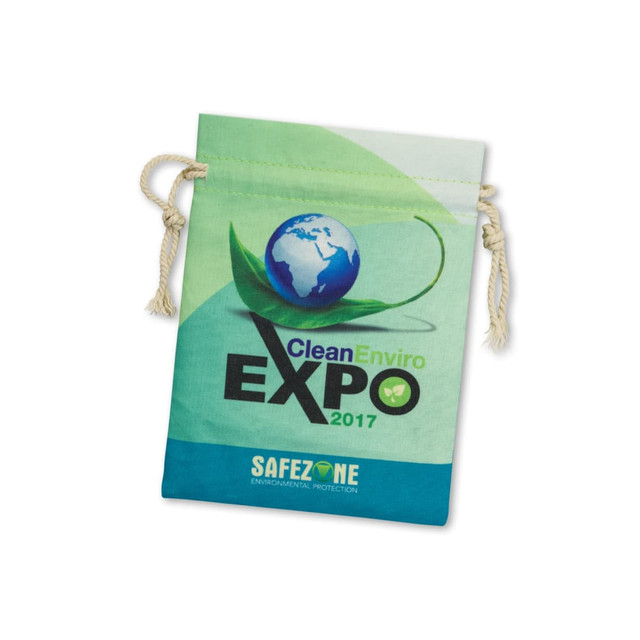 A medium cotton gift bag in green and blue, featuring a drawstring and a logo. A medium cotton gift bag in green and blue, featuring a drawstring and a logo.
