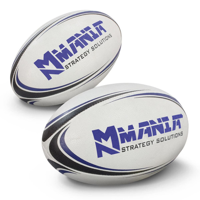A rugby ball in white with blue and black accents, featuring branding. Two balls are displayed side by side. A rugby ball in white with blue and black accents, featuring branding. Two balls are displayed side by side.
