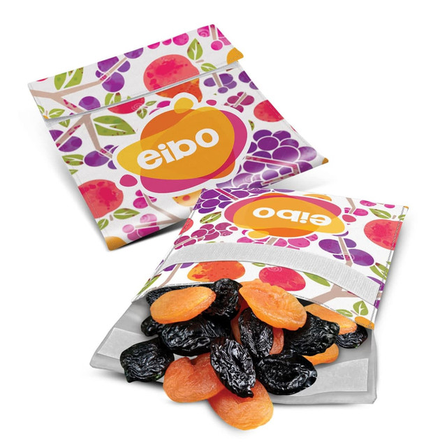 A colourful reusable food pouch featuring a variety of fruit designs, filled with dried fruits. It has a logo. A colourful reusable food pouch featuring a variety of fruit designs, filled with dried fruits. It has a logo.