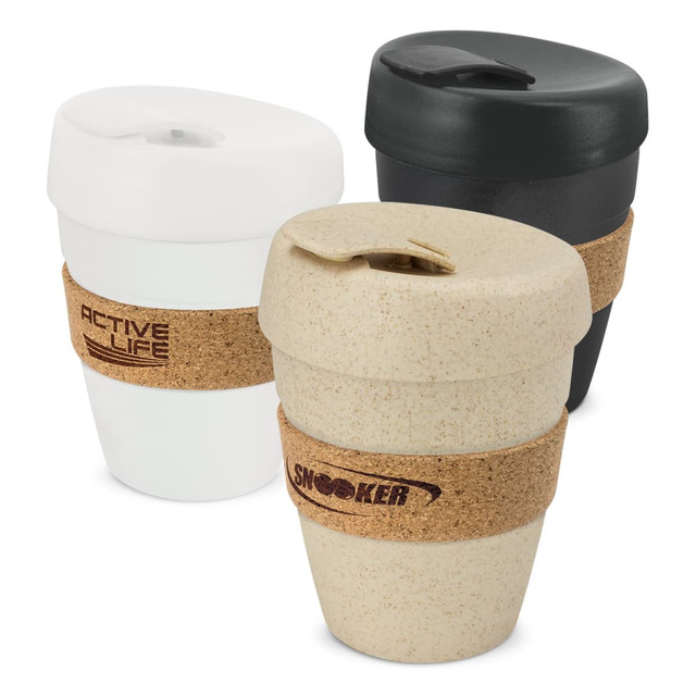 A drink bottle set featuring three cups in white, black, and beige with cork bands. Each cup has a lid and a logo. A drink bottle set featuring three cups in white, black, and beige with cork bands. Each cup has a lid and a logo.