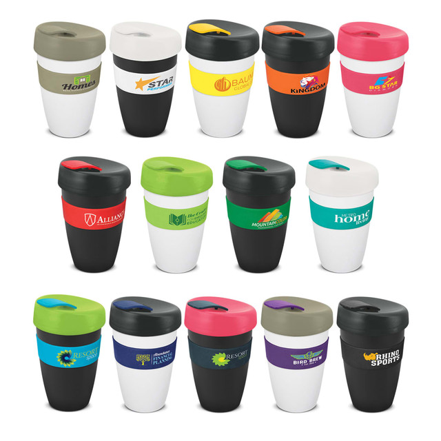 A collection of reusable drink cups in various colours, featuring different lids and branding options. A collection of reusable drink cups in various colours, featuring different lids and branding options.