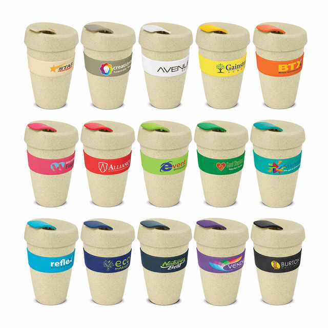 A drink bottle collection featuring natural-coloured cups with various coloured bands and a lid design. A drink bottle collection featuring natural-coloured cups with various coloured bands and a lid design.