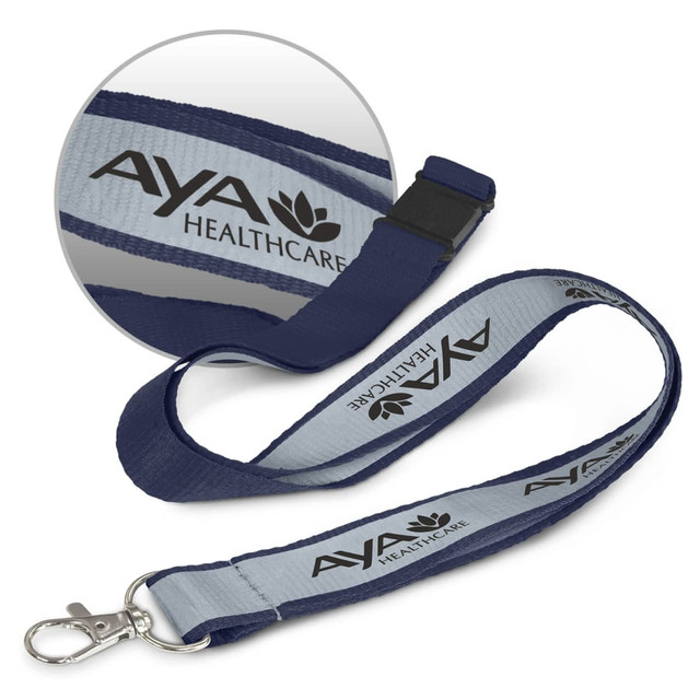 A navy and grey reflector lanyard with a clip attachment and a logo. A navy and grey reflector lanyard with a clip attachment and a logo.