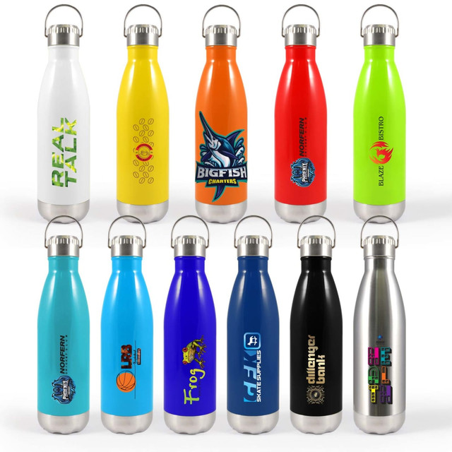 A range of stainless steel drink bottles in various colours, featuring different designs and a hanger lid. A range of stainless steel drink bottles in various colours, featuring different designs and a hanger lid.
