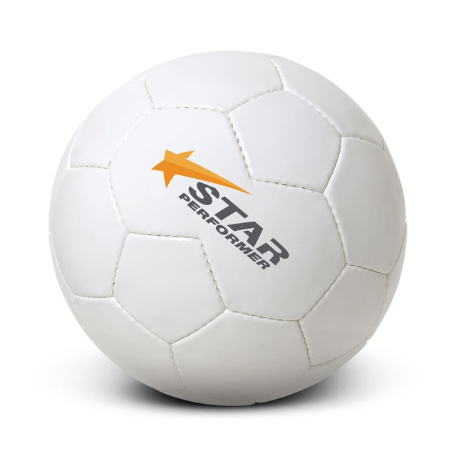 A white soccer ball with black pentagon panels and a logo featuring an orange star. A white soccer ball with black pentagon panels and a logo featuring an orange star.