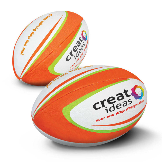 Two orange rugby balls with white accents and a colourful logo, designed for promotional use. Two orange rugby balls with white accents and a colourful logo, designed for promotional use.
