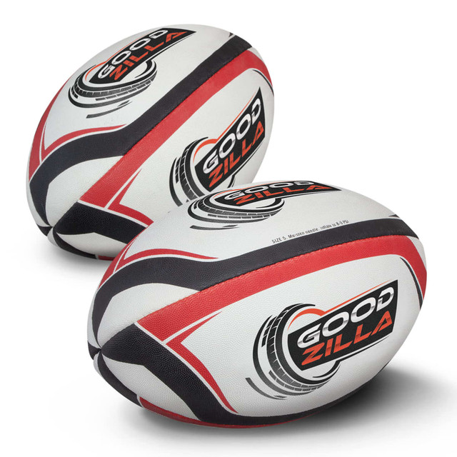 A rugby ball in white with red and black accents, featuring a logo. Two balls are positioned closely together. A rugby ball in white with red and black accents, featuring a logo. Two balls are positioned closely together.