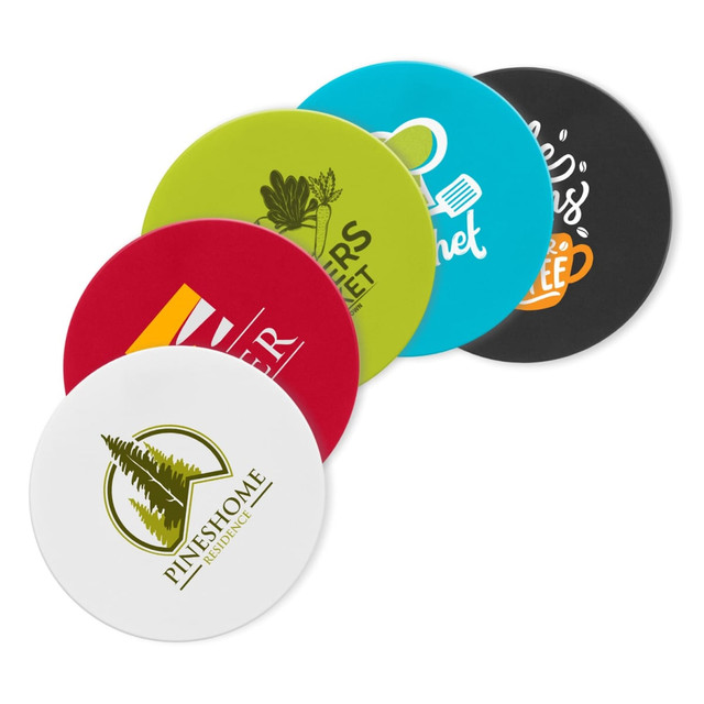 A collection of five circular silicone jar openers in various colours including red, green, blue, black, and white with logos. A collection of five circular silicone jar openers in various colours including red, green, blue, black, and white with logos.