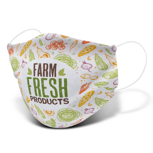 A large reusable face mask in white featuring colourful farm produce illustrations and a logo. A large reusable face mask in white featuring colourful farm produce illustrations and a logo.