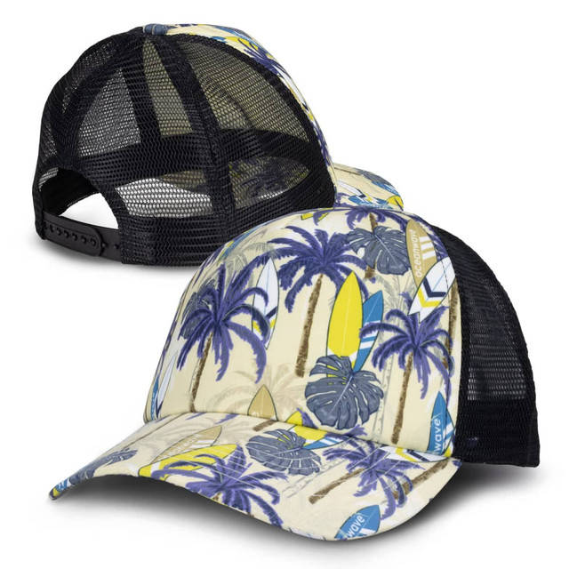 A custom mesh cap featuring a tropical print with palm trees and surfboards, predominantly in yellow and blue, with a black mesh back. A custom mesh cap featuring a tropical print with palm trees and surfboards, predominantly in yellow and blue, with a black mesh back.