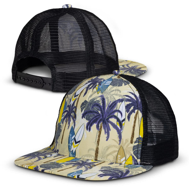 A flat peak cap featuring a palm tree and surfboard design with a black mesh back and yellow brim. A flat peak cap featuring a palm tree and surfboard design with a black mesh back and yellow brim.
