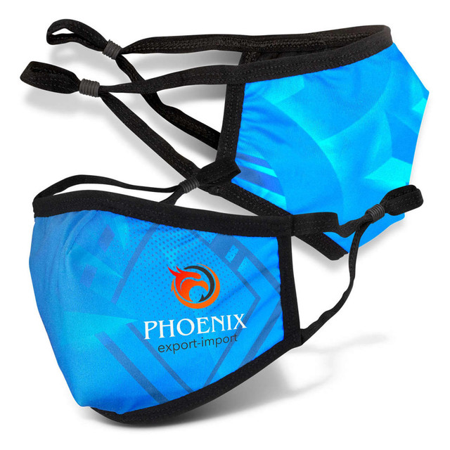 Two blue reusable face masks with an abstract design and a branded logo on one mask. Two blue reusable face masks with an abstract design and a branded logo on one mask.