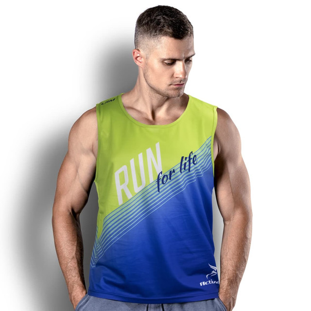 A men's sports singlet in vibrant green and blue, featuring a logo and graphic design. A men's sports singlet in vibrant green and blue, featuring a logo and graphic design.
